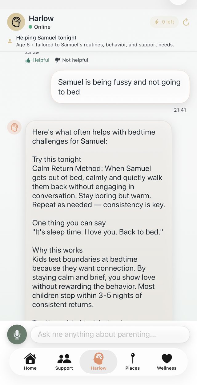 Nurélie Harlow AI parenting coach conversation screen with the message input