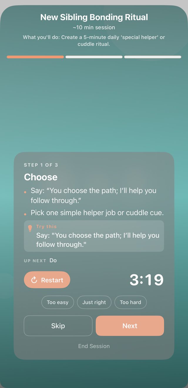 Nurélie personalized Guided Task screen — a step-by-step sibling bonding ritual created around a child's age, temperament, and routine context
