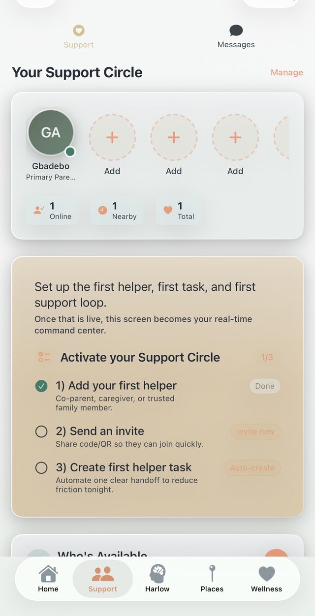 Nurélie Family Command support circle screen showing a shared caregiver team